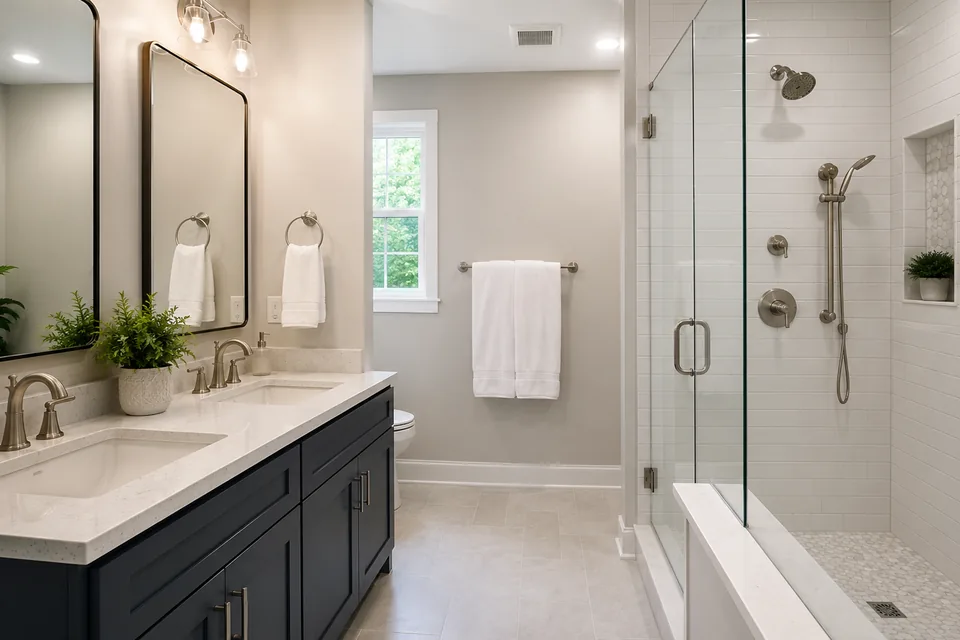 Modern remodeled residential bathroom with double vanity and shower