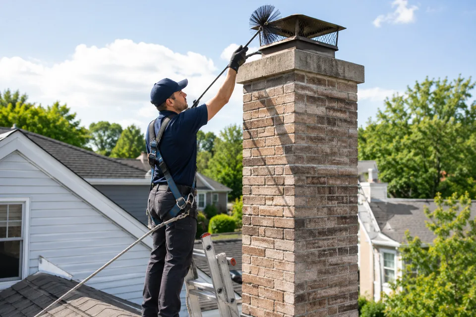 Chimney sweep cleaning a residential chimney from the roof