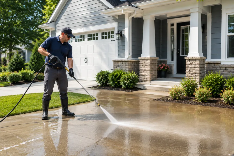 Professional pressure washing a residential concrete driveway