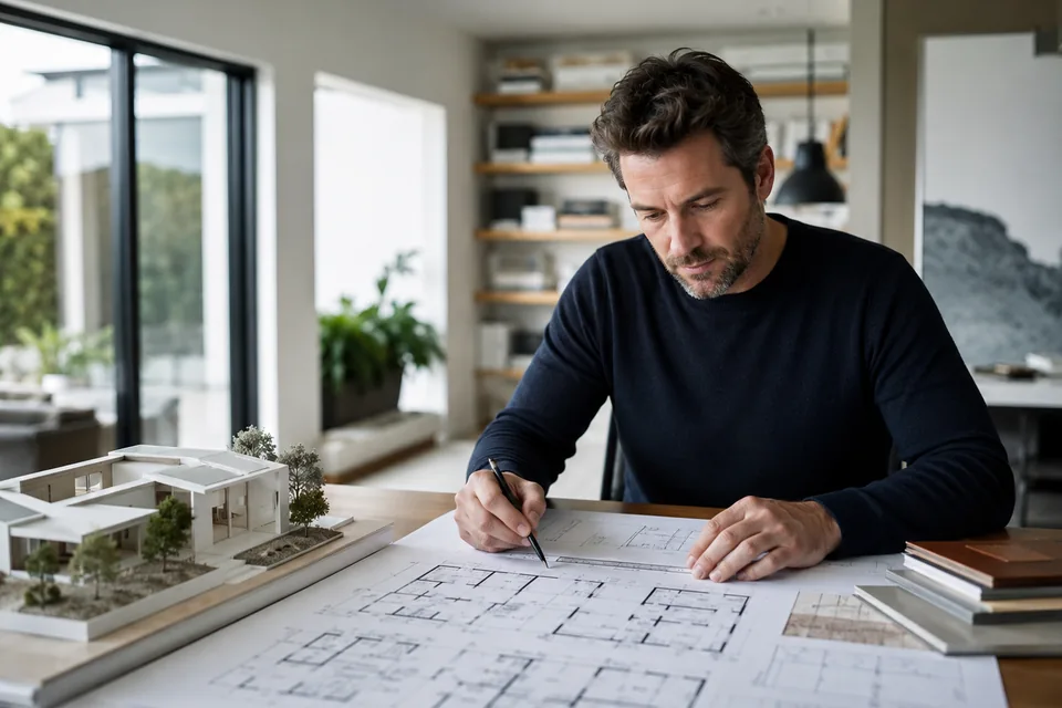 Residential architect reviewing house plans and a scale model