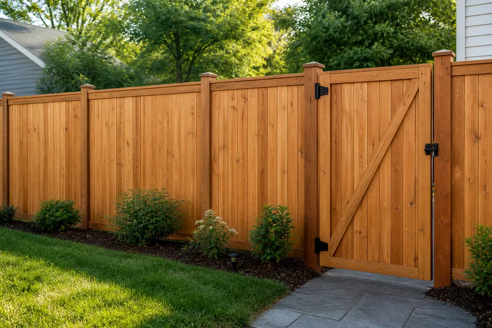 New cedar privacy fence and gate in a backyard