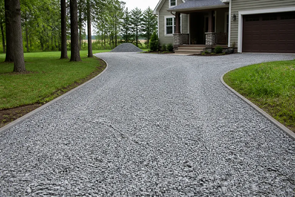 Completed crushed stone driveway at a residential home