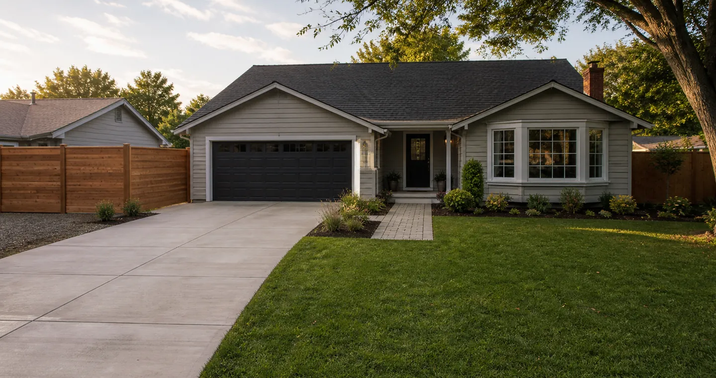 Residential home with a new roof, concrete driveway, privacy fence, paver walkway and lawn