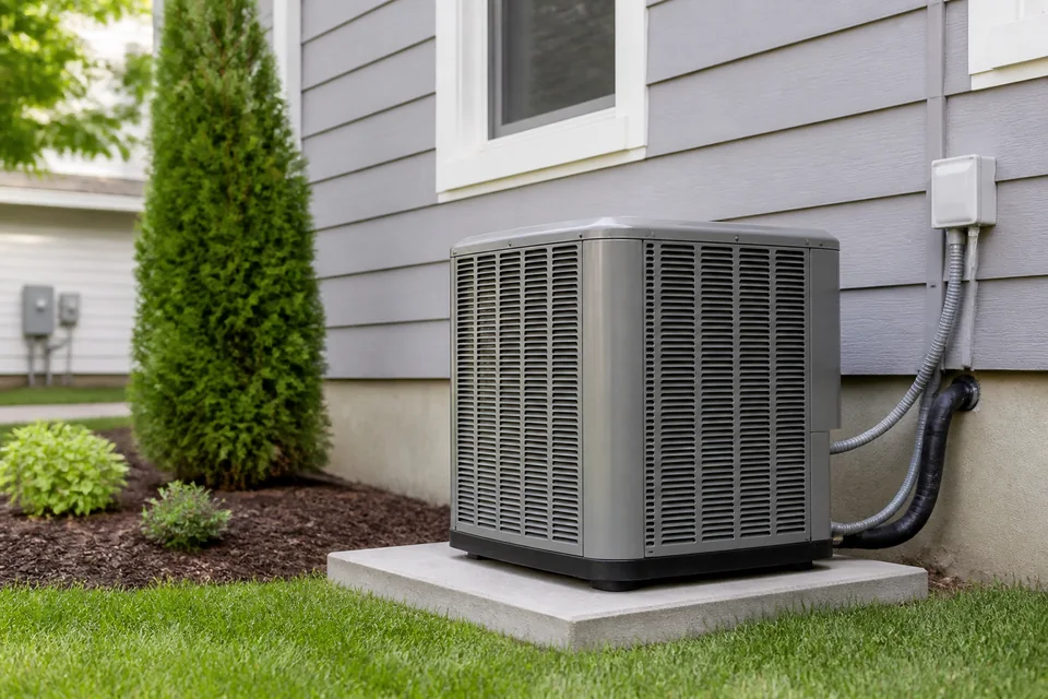 Modern residential HVAC condenser installed beside a home