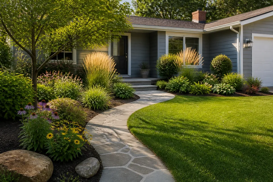 Completed residential landscaping with lawn and planting beds