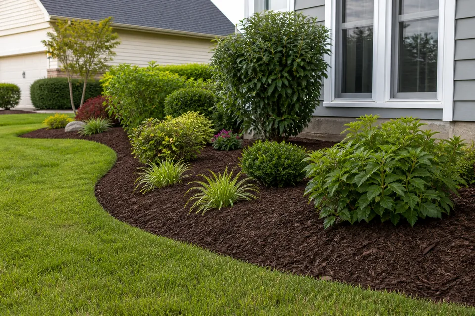 Fresh mulch installed in residential landscape beds