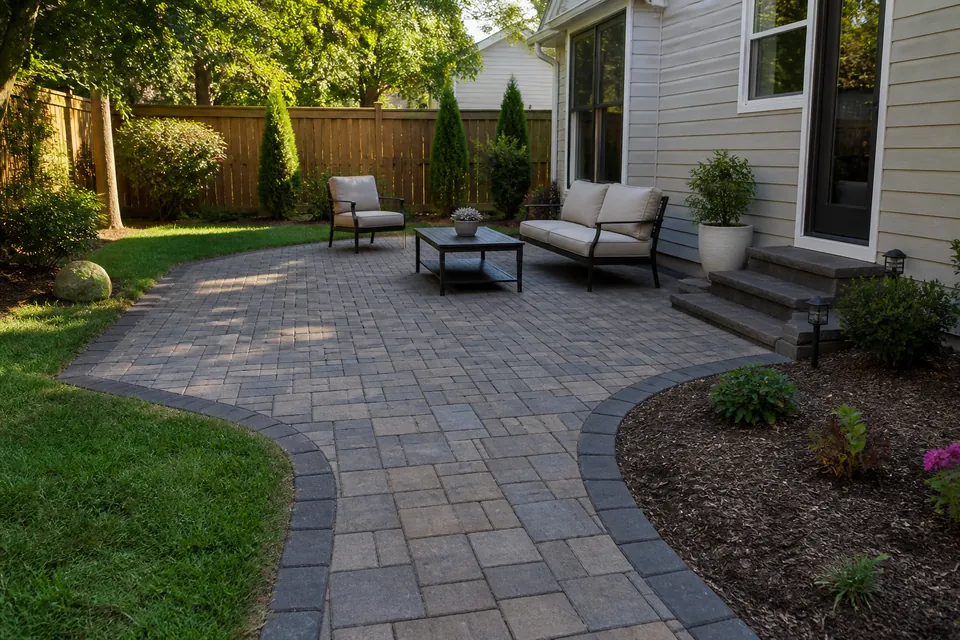 Completed paver patio and walkway in a backyard
