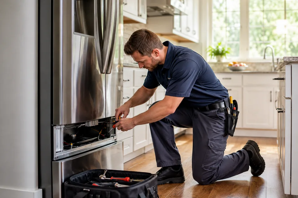 Appliance repair technician servicing a refrigerator in a residential kitchen