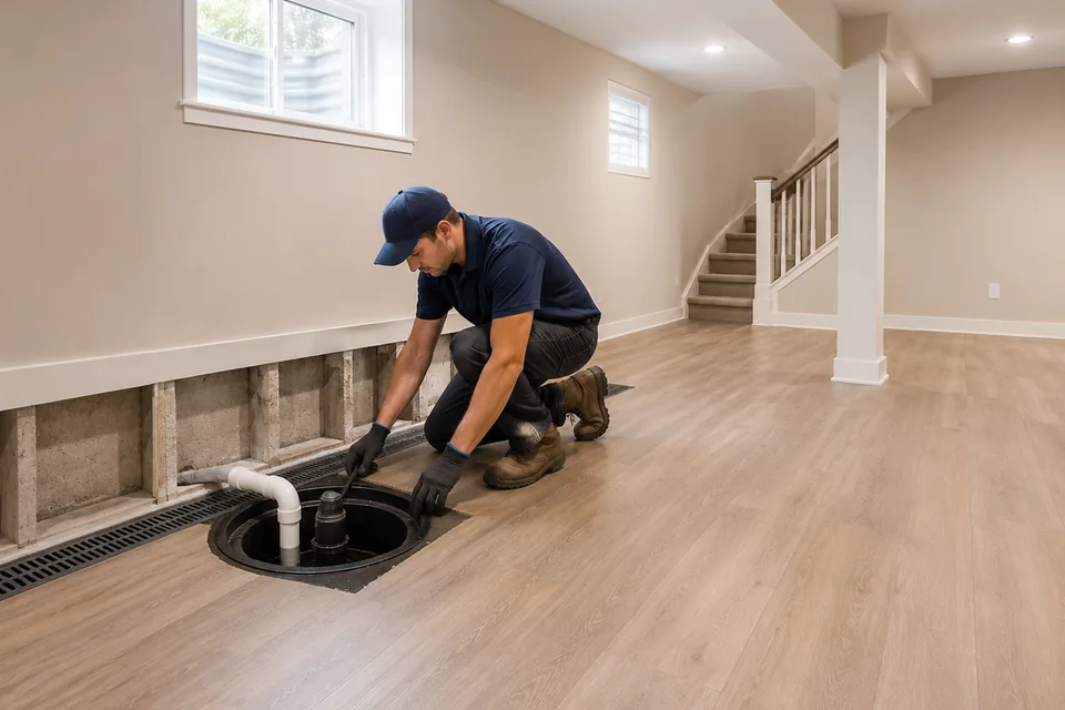 Contractor servicing a basement drainage and waterproofing system