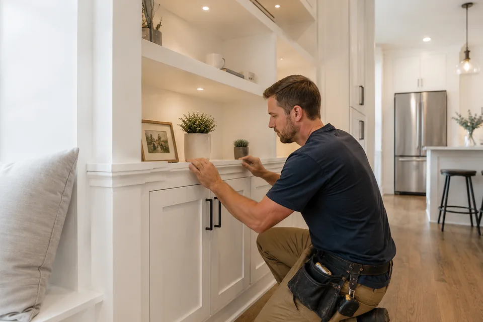 Carpenter installing custom built-in cabinetry in a home