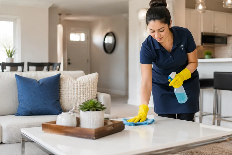 Professional residential cleaner working around living-room floor coverings