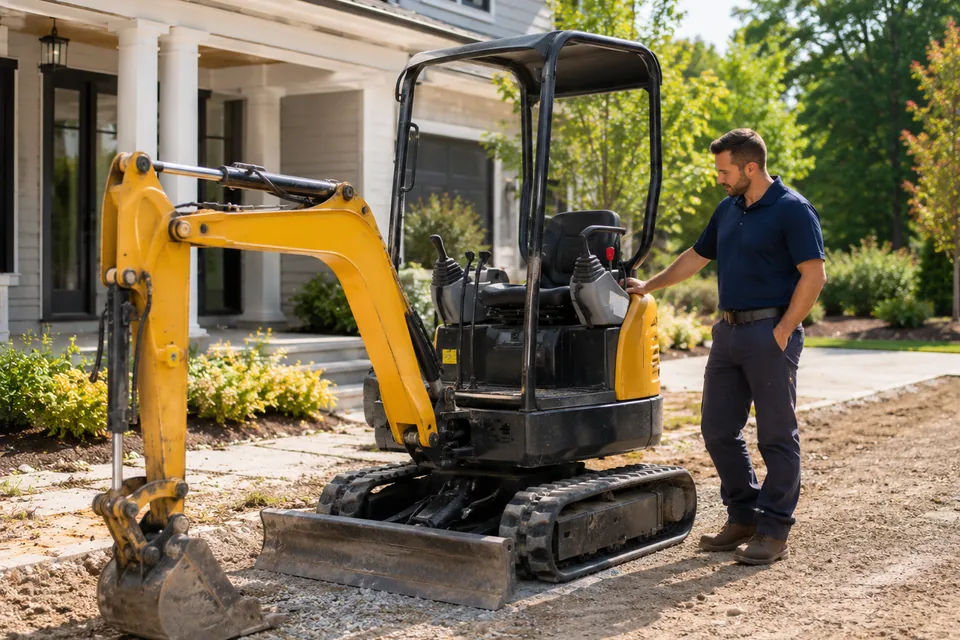 Compact excavator positioned at a residential project site