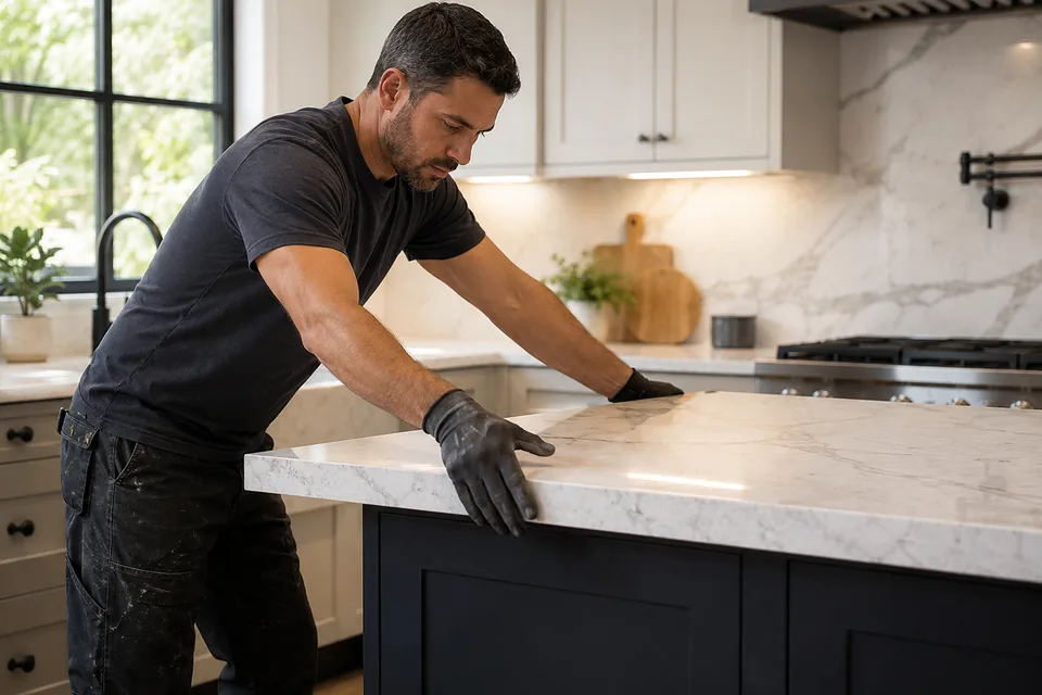 Contractor fitting a stone countertop on a residential kitchen island