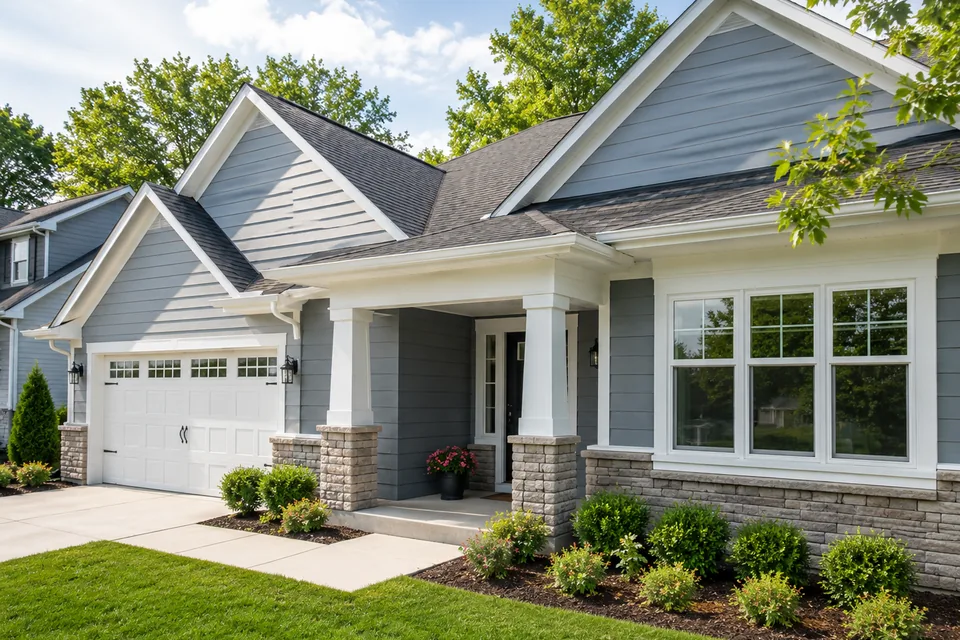 Completed modern residential home with landscaped yard