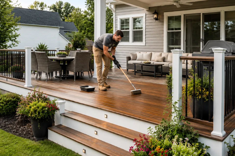 Contractor refinishing a residential wood deck