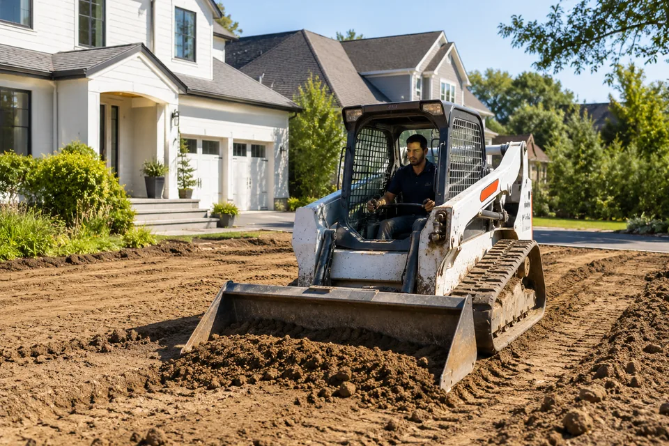 Compact track loader clearing and preparing a residential project site