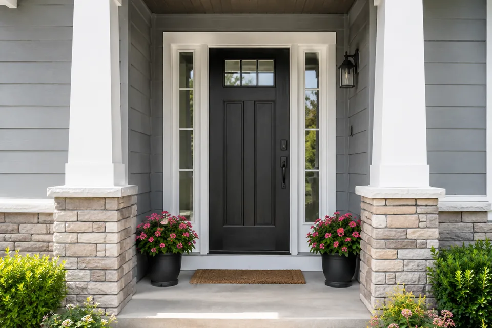Modern residential front entry door and porch