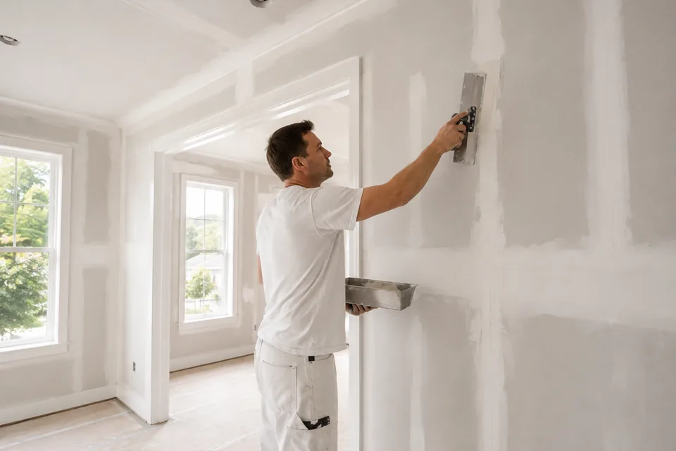 Drywall contractor applying joint compound to an interior wall