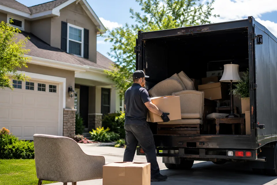 Bulky household items being hauled away from a residential property