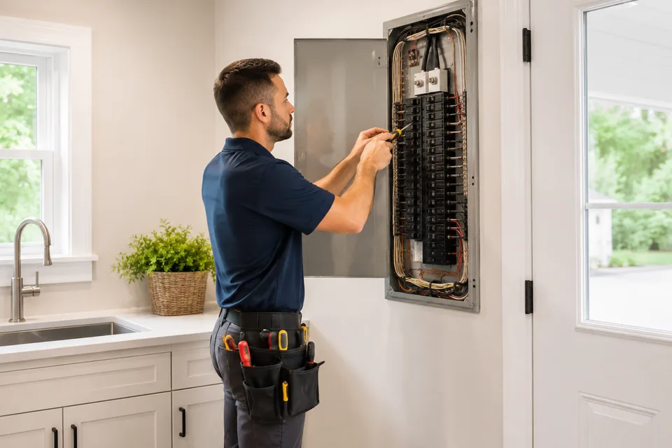Electrician servicing a residential electrical breaker panel