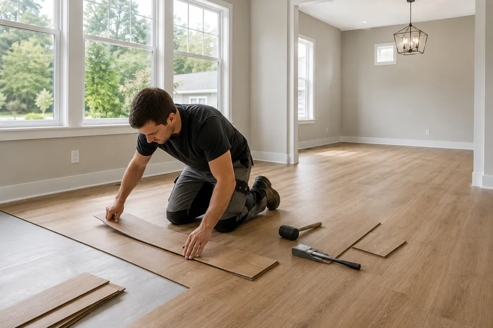 Flooring contractor installing wood flooring in a residential room