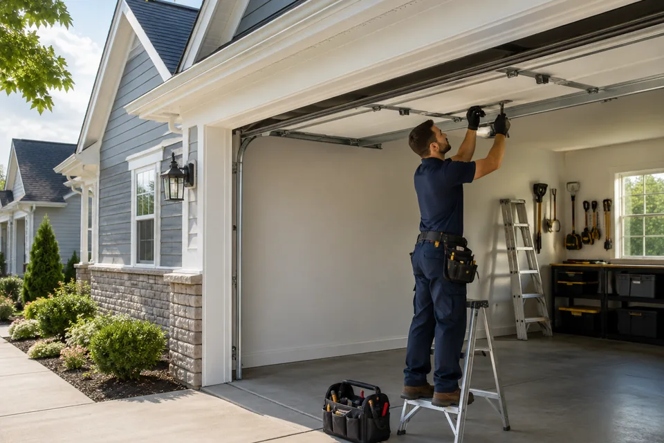 Technician repairing the mechanism of a residential garage door
