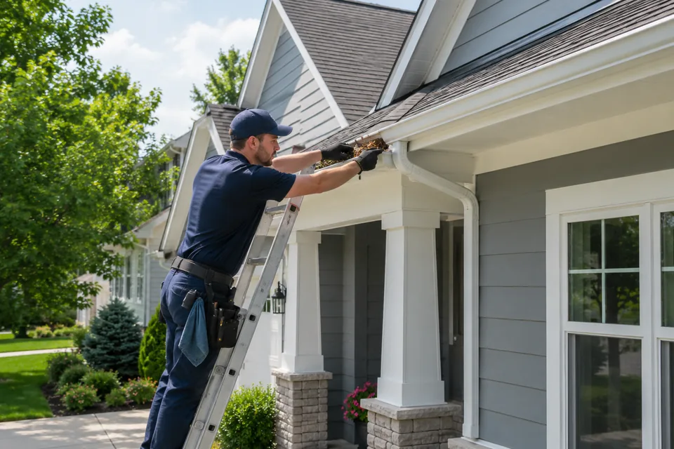 Technician cleaning residential roof gutters from a ladder