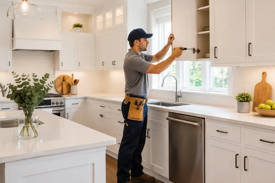 Handyman adjusting cabinet hardware in a residential kitchen