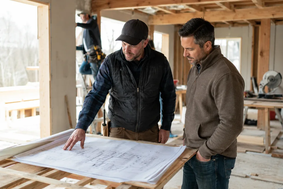 Contractors reviewing plans during a residential remodeling project