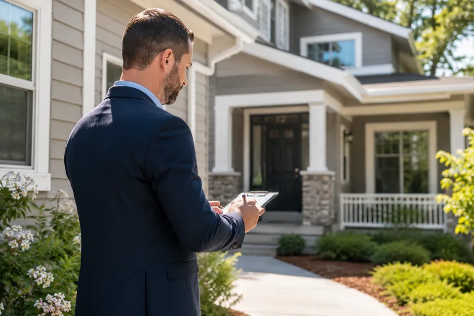 Property professional evaluating a suburban residential home