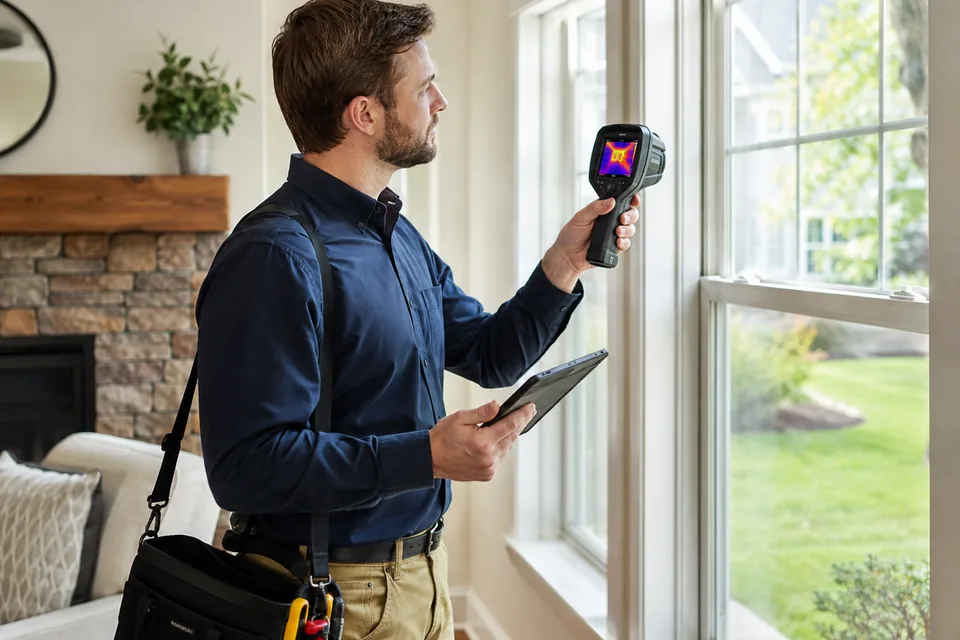 Home inspector using a thermal camera near residential windows