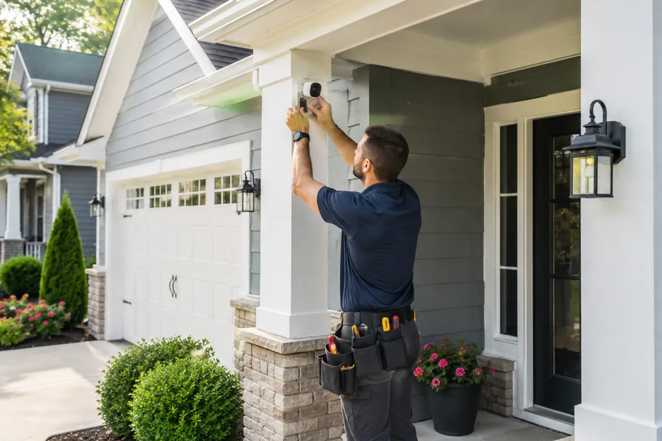 Technician installing a security camera on a residential porch