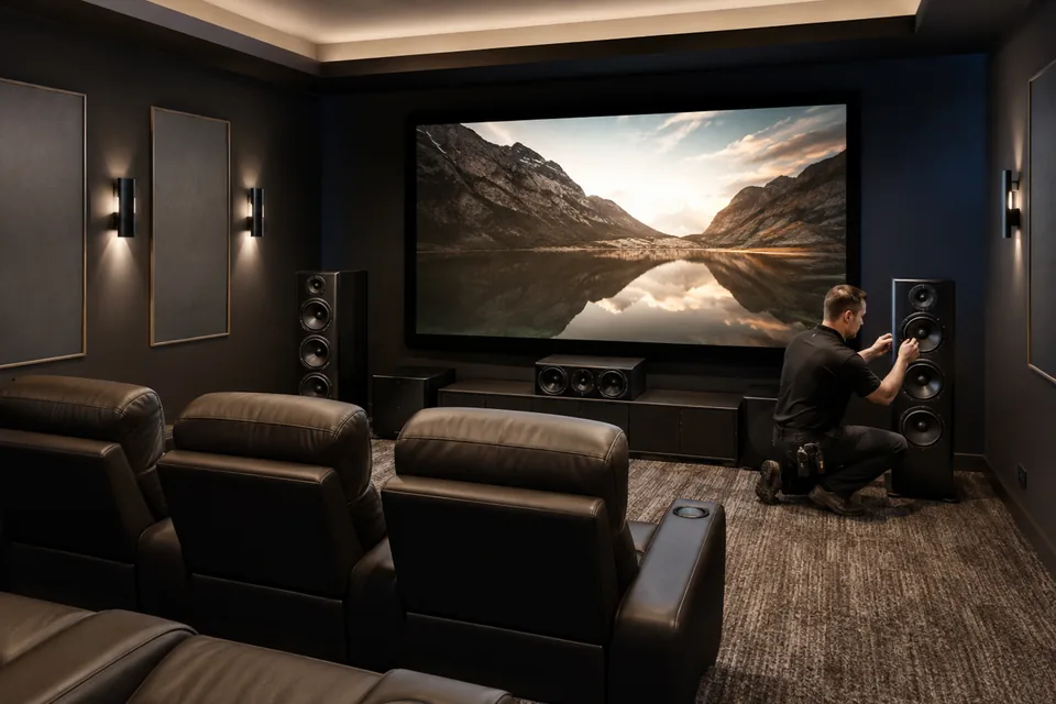 Technician tuning speakers in a dedicated residential home theater