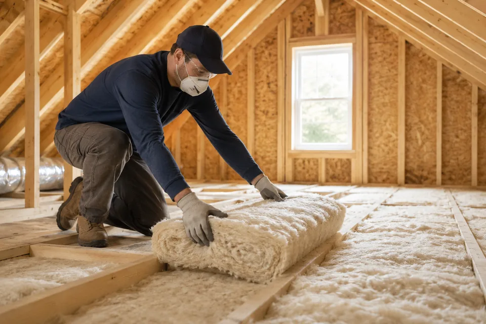 Contractor installing insulation in a residential attic