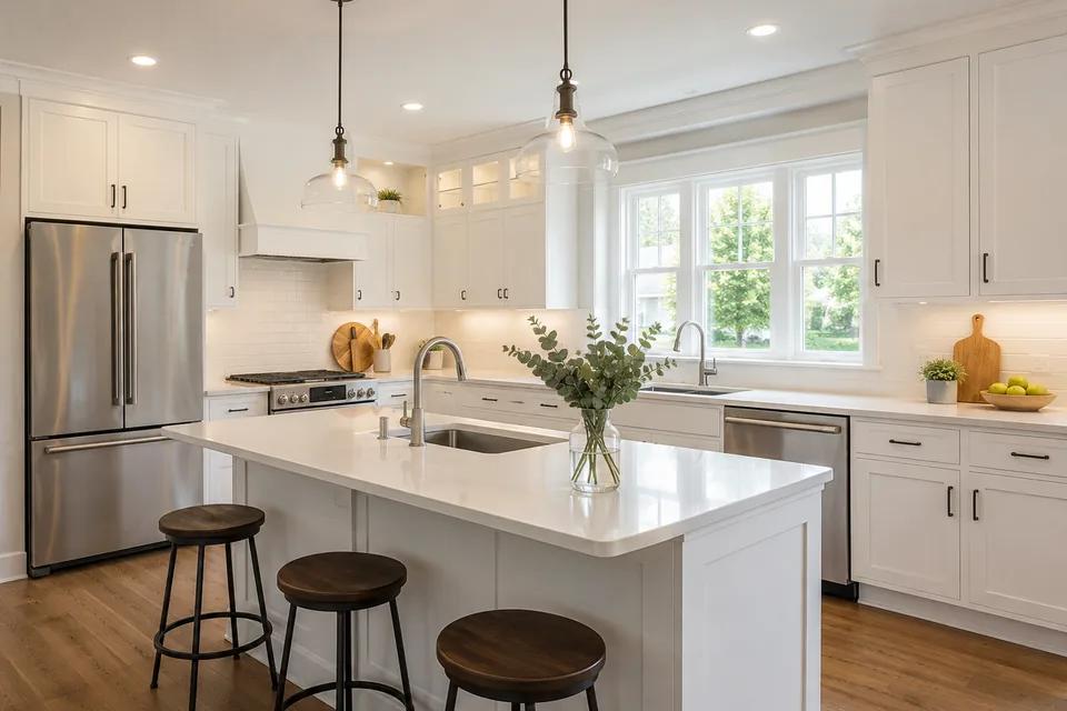 Bright remodeled residential kitchen with island and modern cabinetry