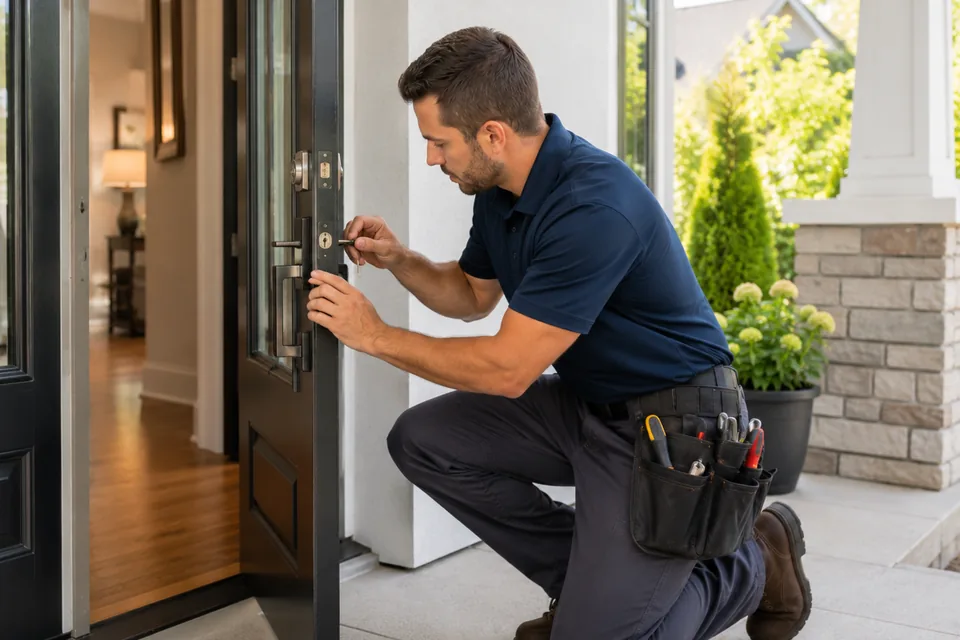 Locksmith servicing the lock on a residential front door