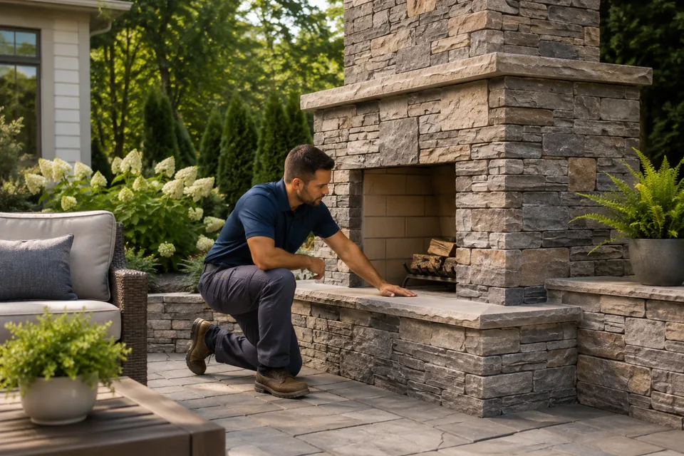 Contractor inspecting a residential stone masonry fireplace