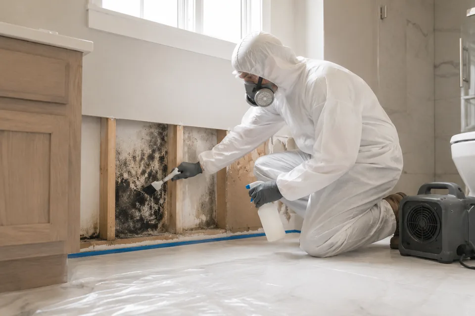 Mold remediation technician treating an affected residential wall