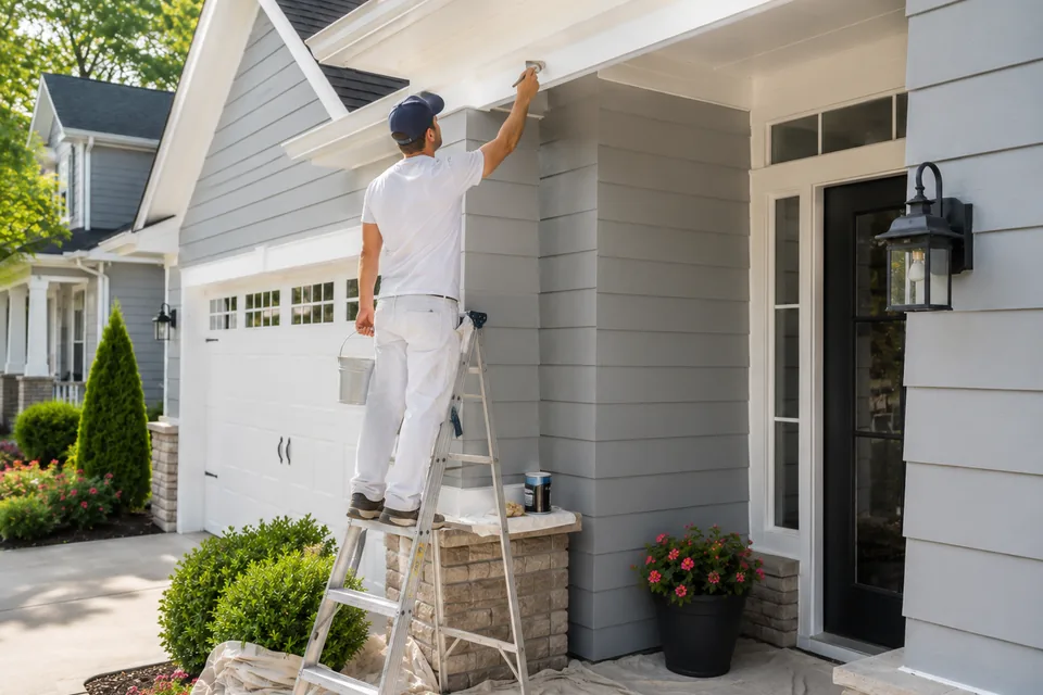 Contractor painting the exterior trim of a residential home