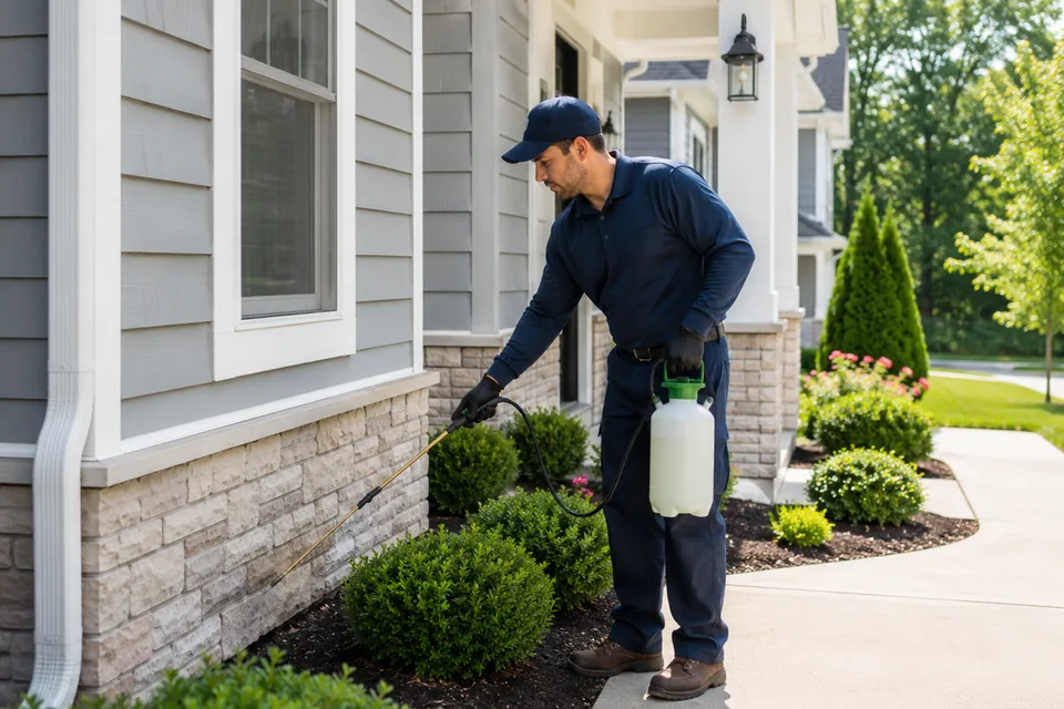 Pest control technician treating the exterior perimeter of a residential home