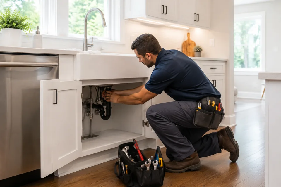 Plumber repairing pipes beneath a residential kitchen sink
