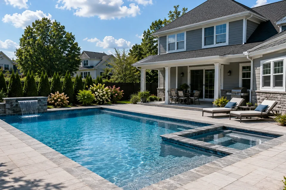 Finished residential swimming pool and patio in a modern backyard