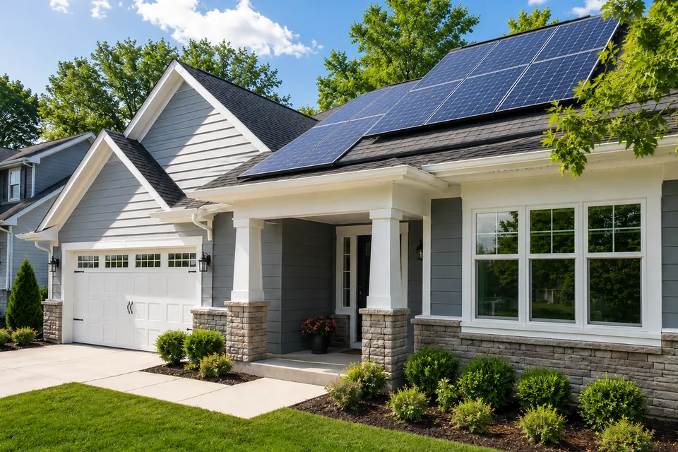 Residential home with rooftop solar panels