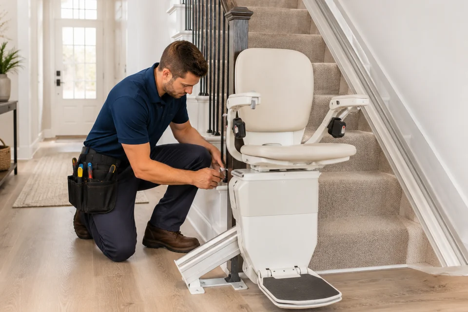 Technician installing a residential stair lift on an indoor staircase