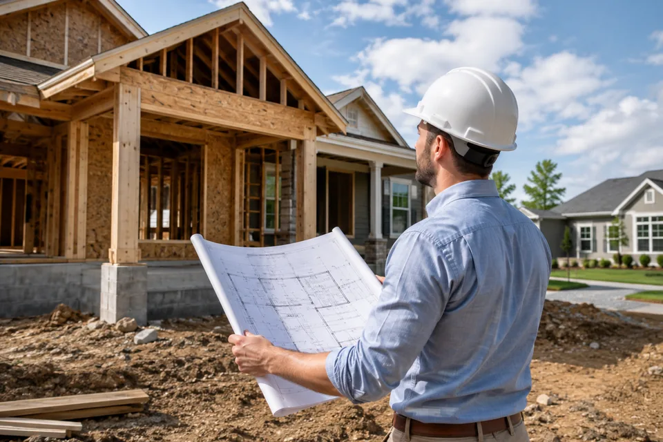 Residential construction professional reviewing plans at a framed home