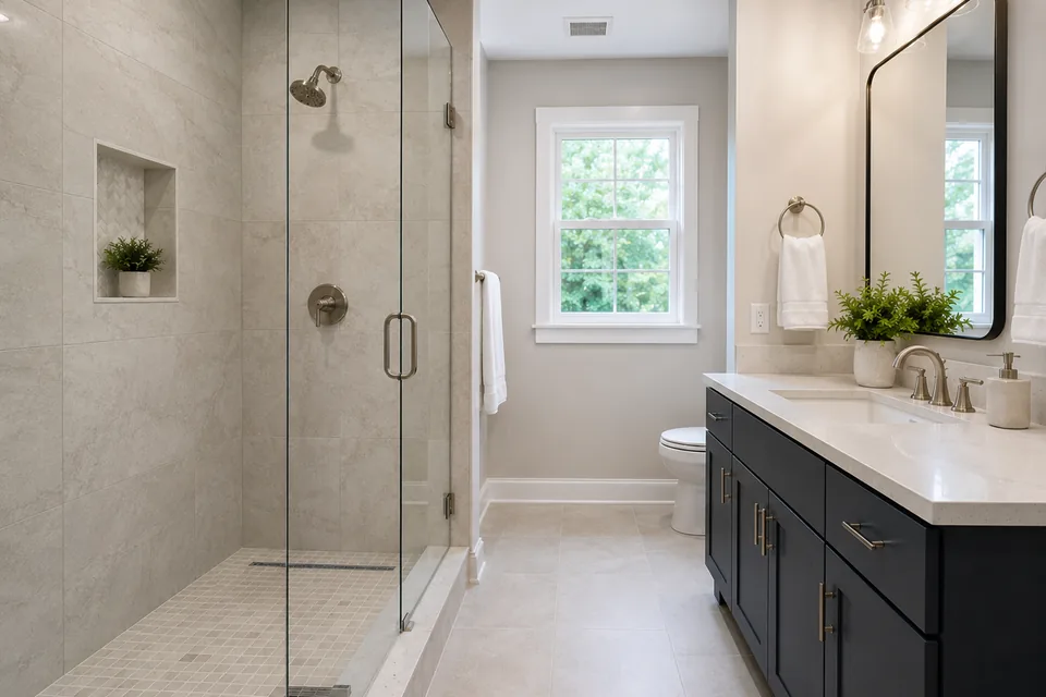 Modern residential bathroom with tiled shower and tile floor
