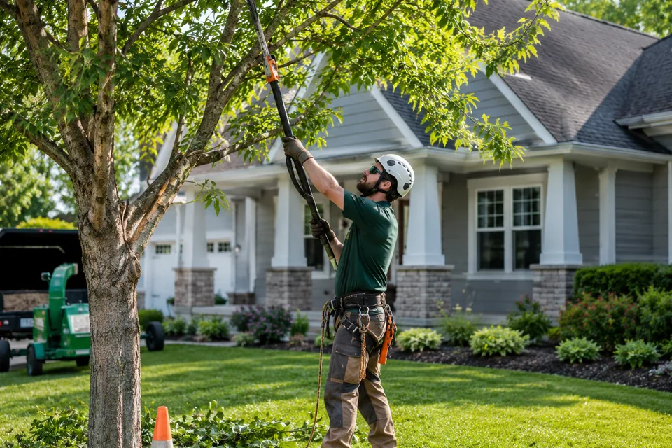 Tree service professional pruning a mature tree at a residential property