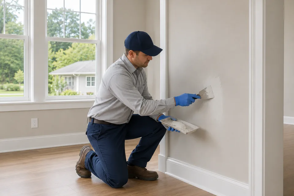 Technician repairing and patching an interior residential wall
