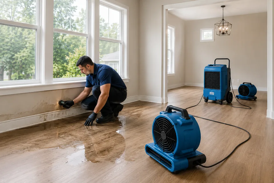 Water-damage restoration technician checking moisture with drying equipment in place