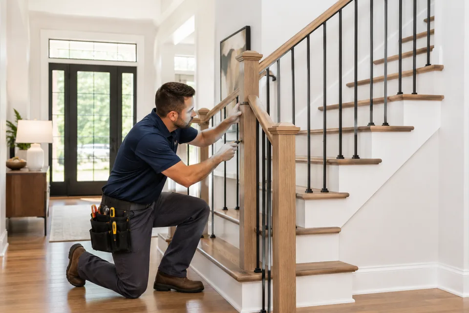 Metal railing installation in a modern residential staircase